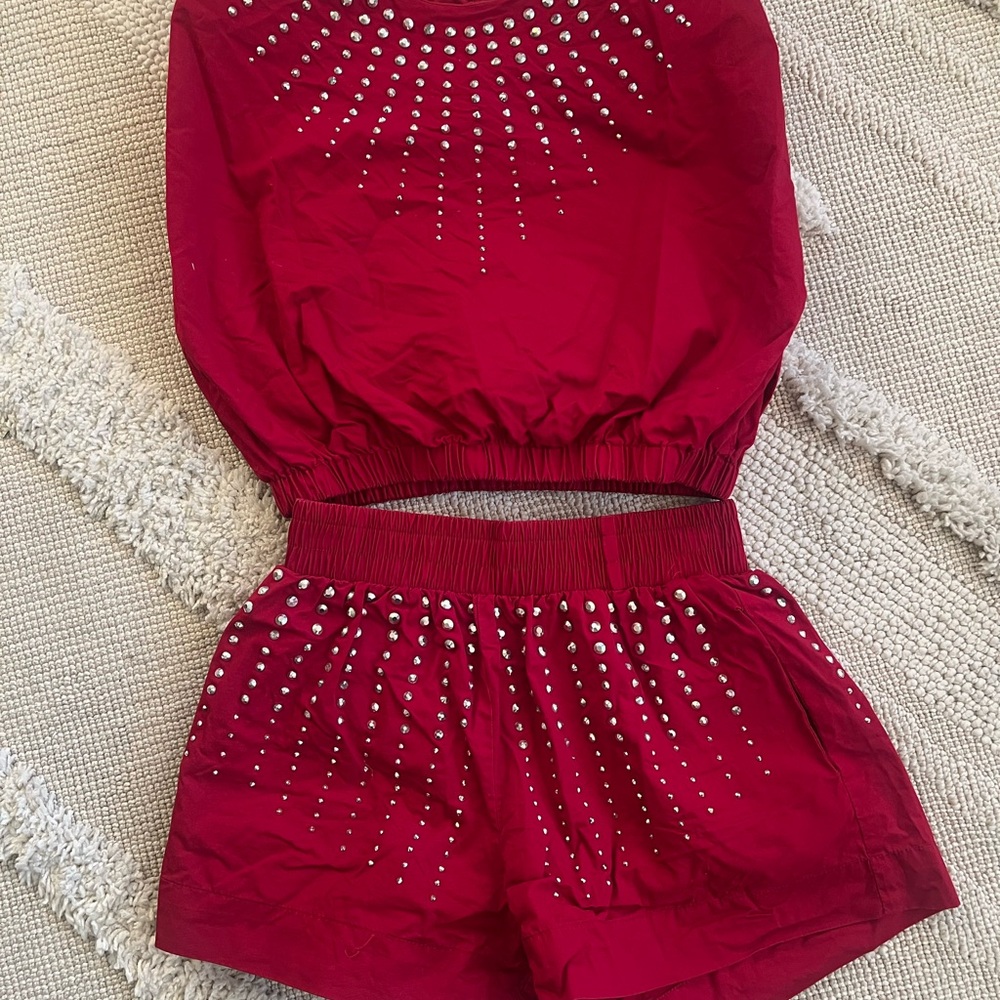 TCEC Red High Waist Textured Shorts & Sleeveless Top